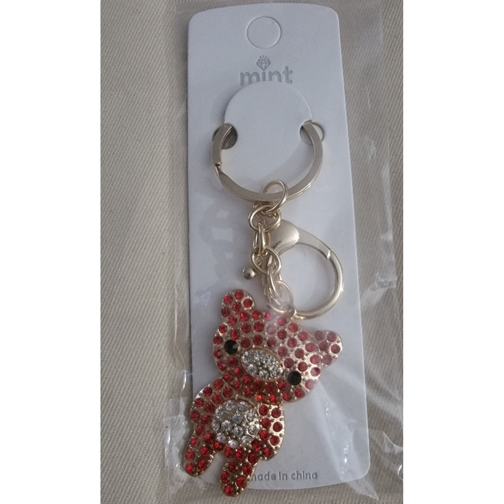 Mint Red‎ Rhinestone Teddy Bear Keychain Gold Tone Bag Charm New